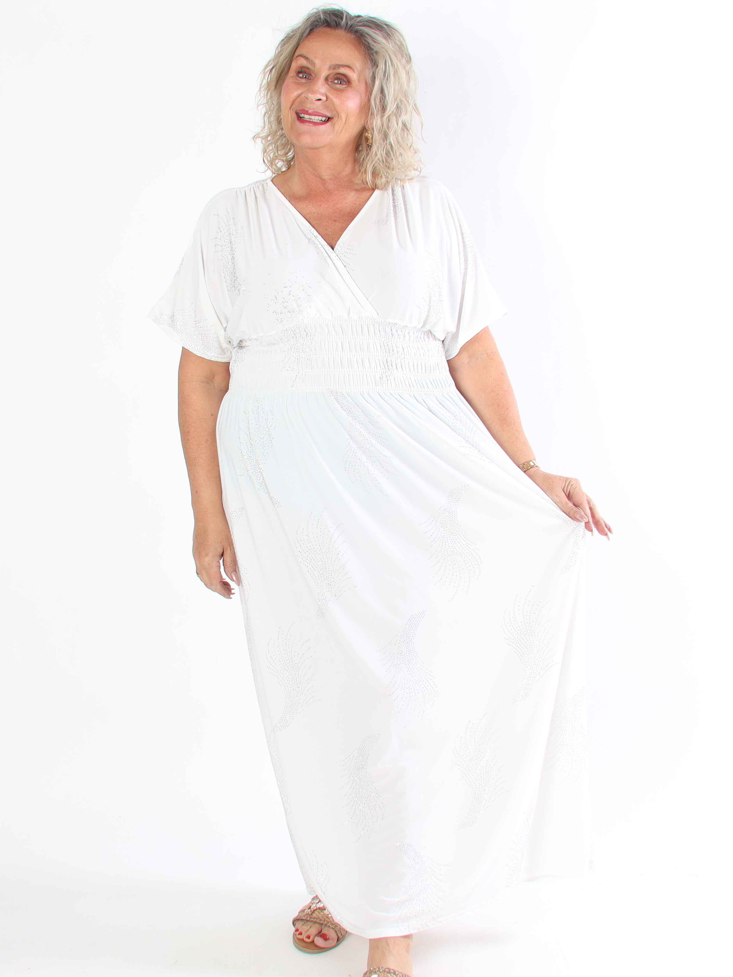 Pams Leaf Crystal - Lang elastisk plus size kjole med mønster af similisten